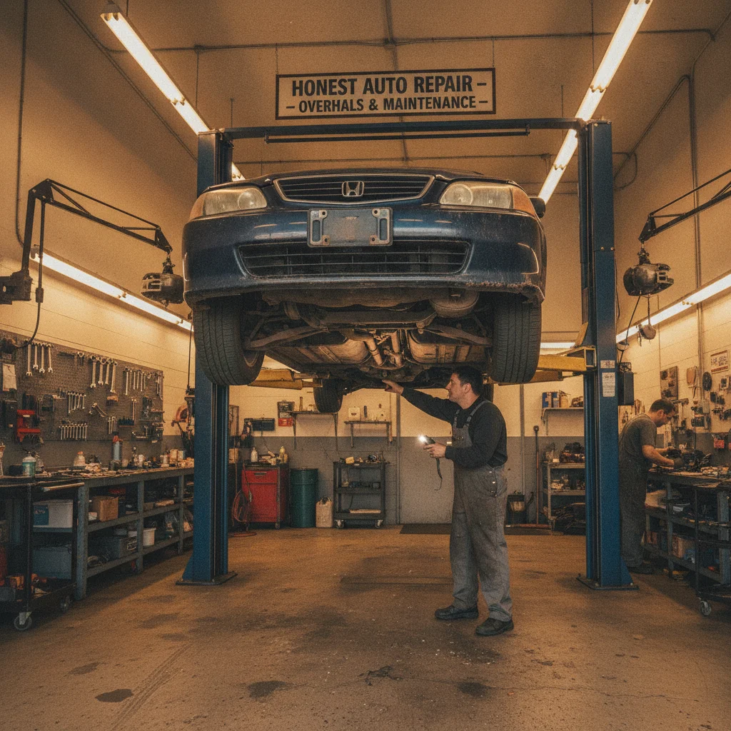 Mechanic inspecting undercarriage of an older sedan raised on a service lift