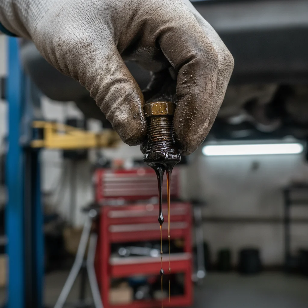 Dark degraded transmission fluid dripping from a drain plug held by a gloved mechanic