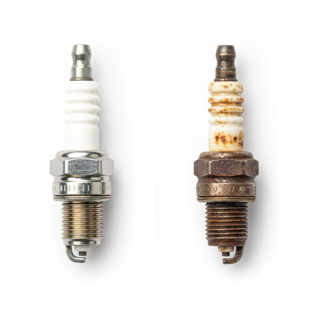 New iridium spark plug compared side by side with a worn corroded plug from a high-mileage engine