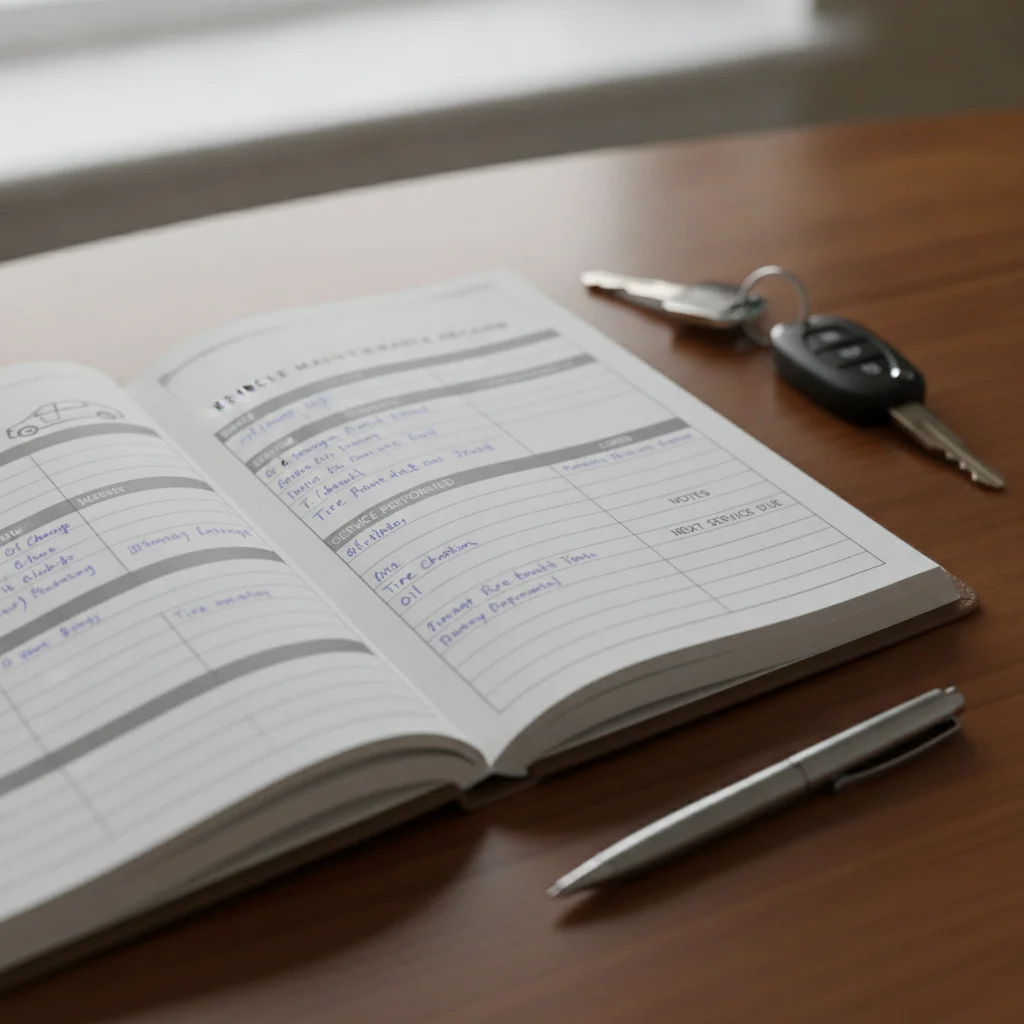 Open vehicle service logbook with handwritten maintenance entries beside a set of car keys
