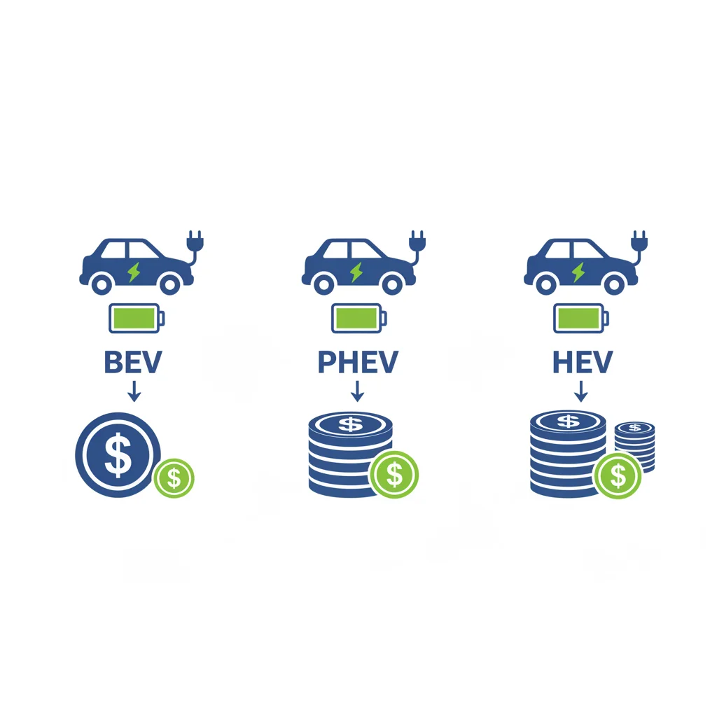 Three electrified vehicle types — BEV, PHEV, and HEV — displayed side by side with cost comparison icons