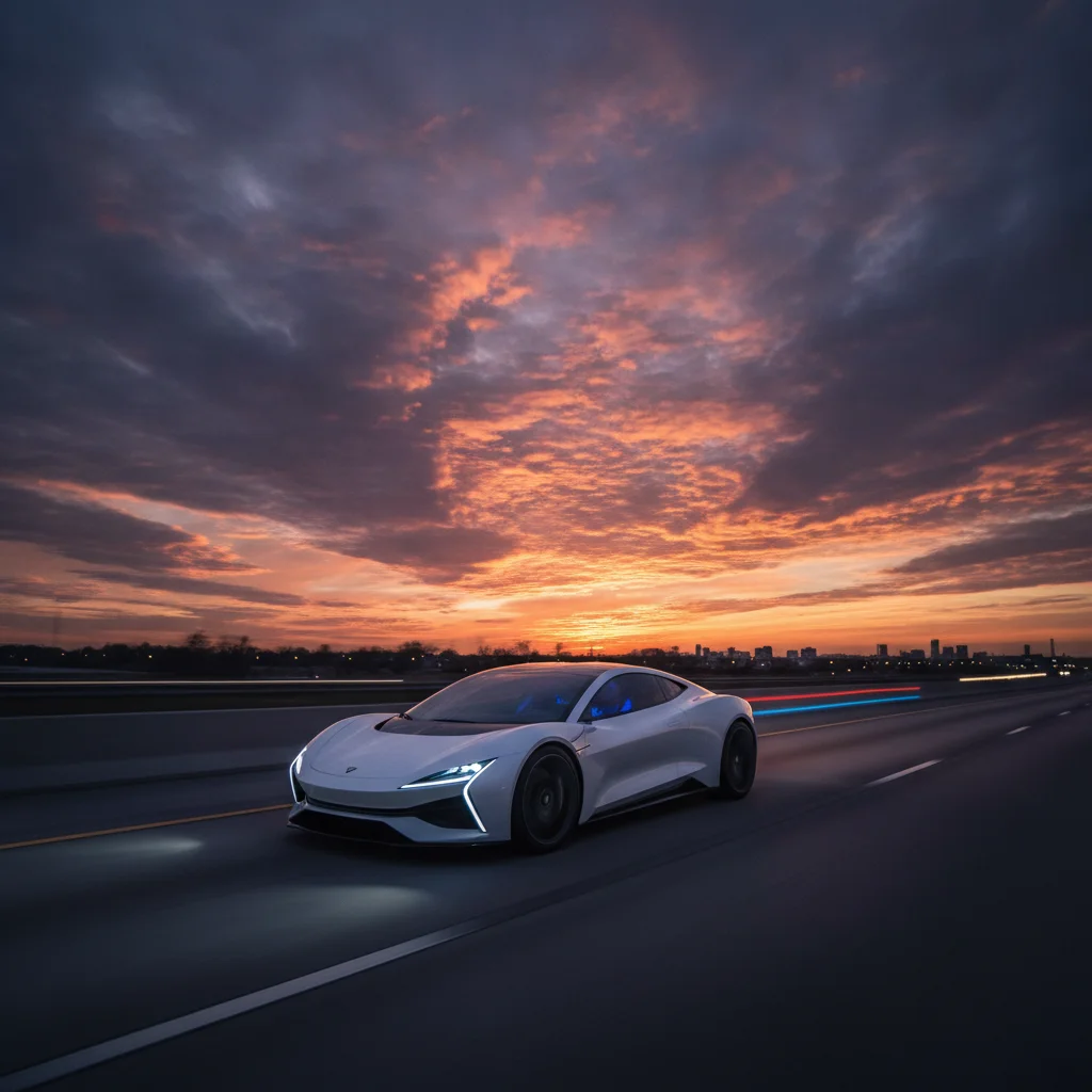 A battery electric vehicle traveling at highway speed on an open road at dusk