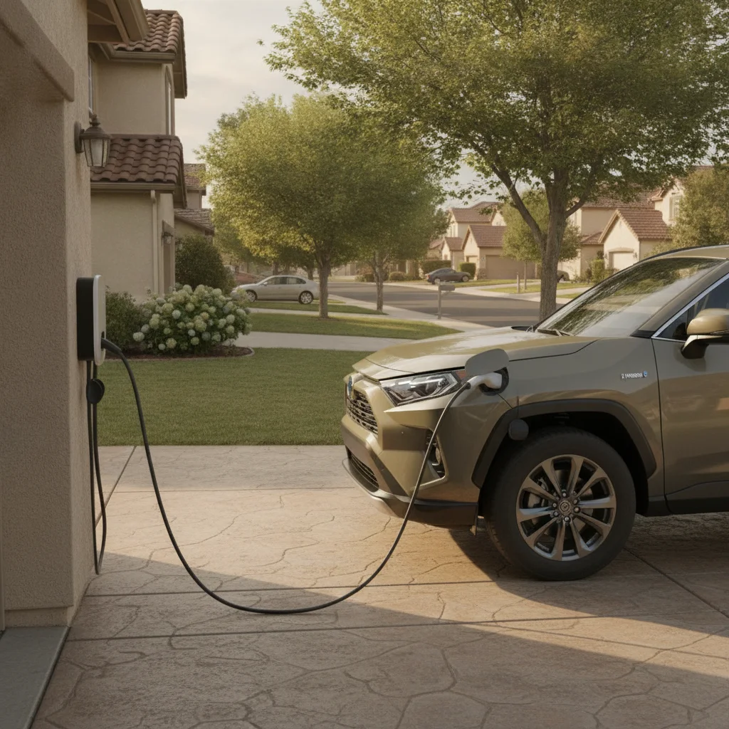 A plug-in hybrid vehicle connected to a home charger in a suburban driveway