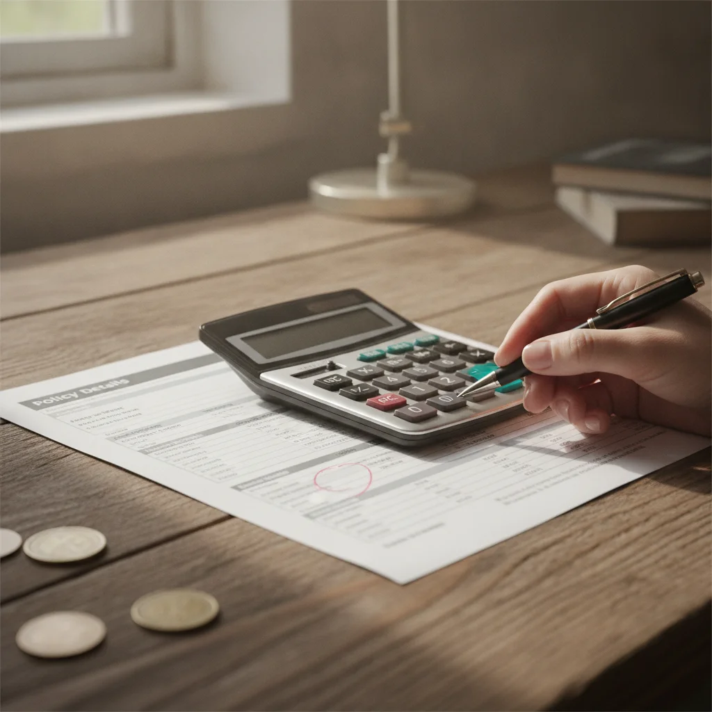 Car insurance documents with a calculator and pen on a desk representing premium calculation