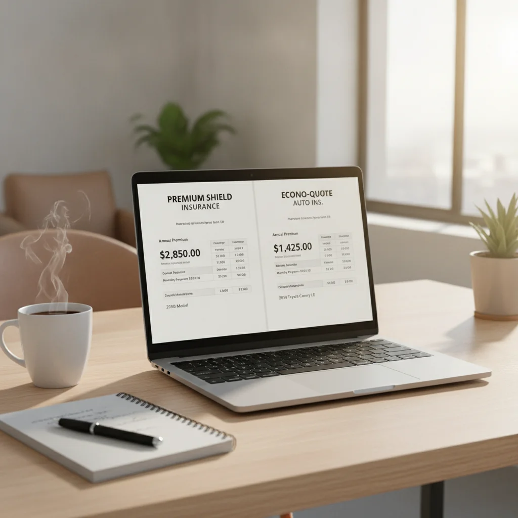 Two car insurance quote documents displayed on a laptop screen showing different premium amounts for comparison