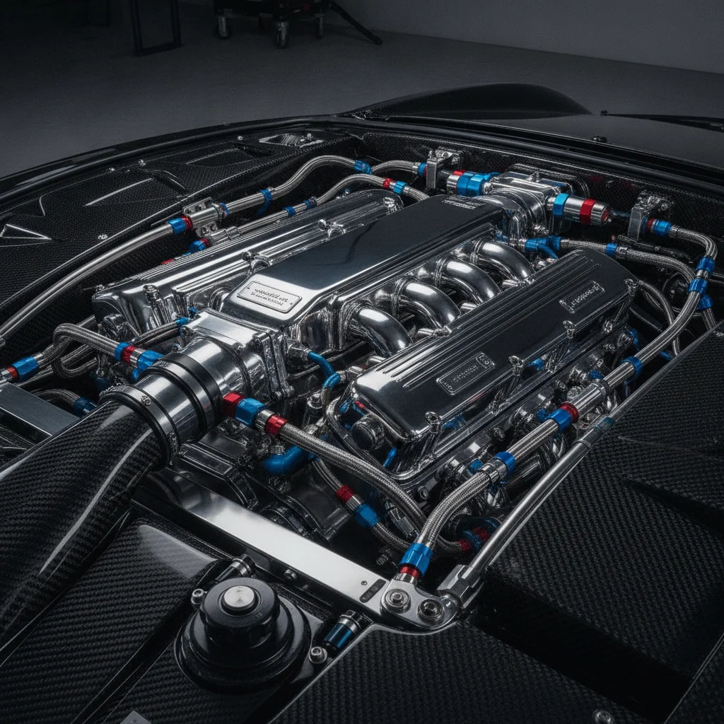 Detailed view of an exotic supercar engine bay showing complex components and carbon fiber elements
