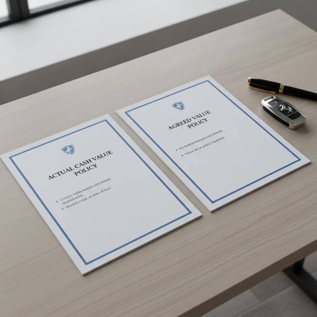 Two insurance policy documents side by side representing actual cash value and agreed value coverage options