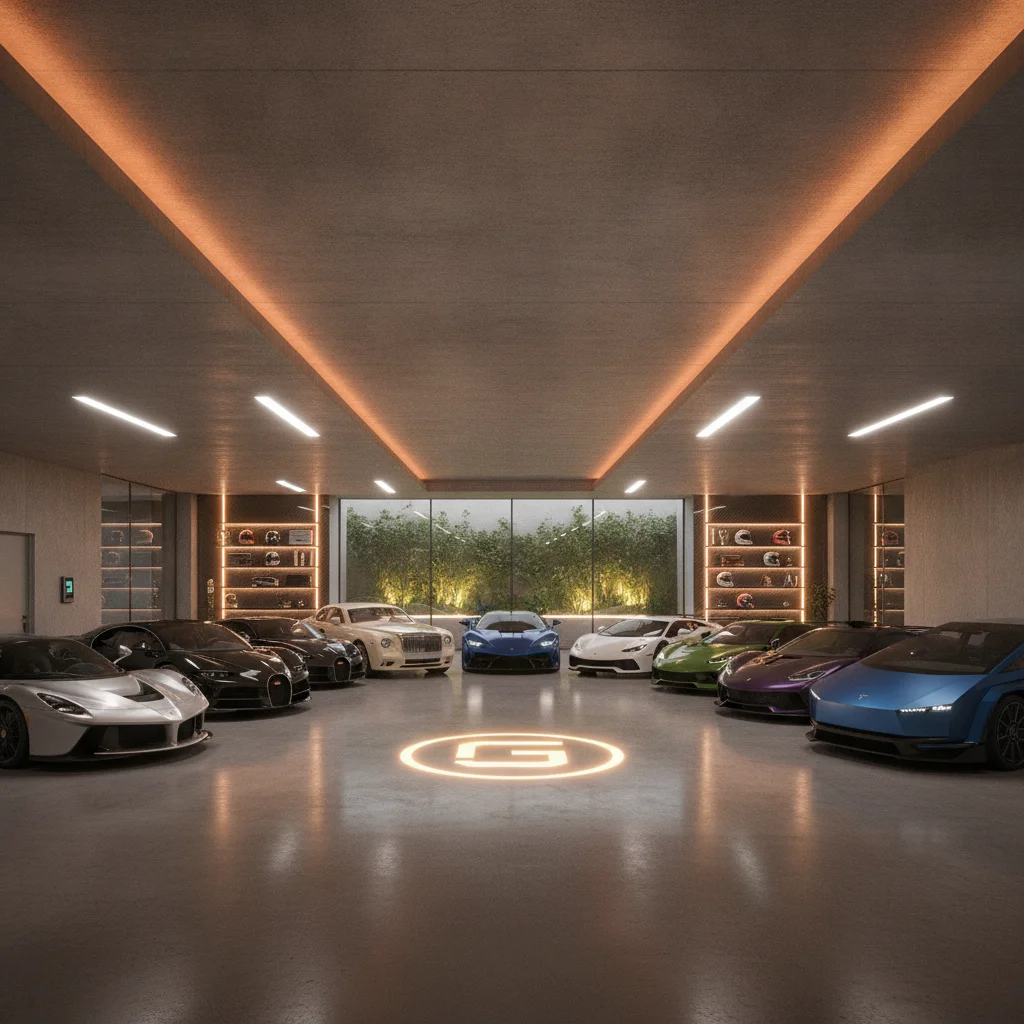 Multiple luxury and exotic vehicles lined up in a private multi-car garage with warm ambient lighting