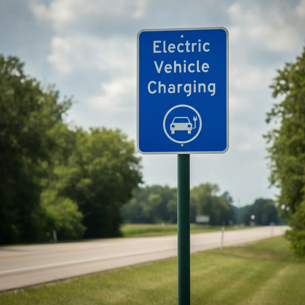 Blue highway sign indicating electric vehicle charging station ahead on an interstate highway