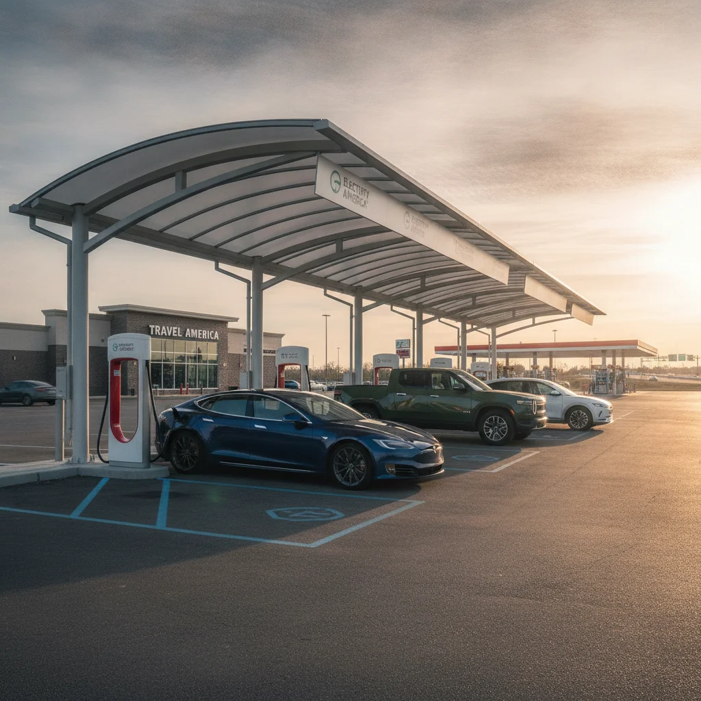Row of DC fast chargers at a highway travel center with electric vehicles charging simultaneously