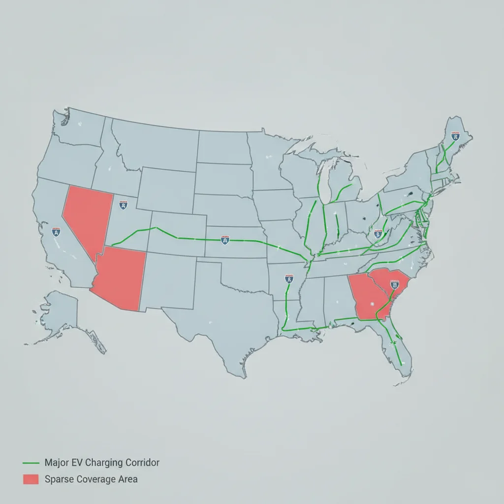 Illustrated map of the US showing green EV charging corridors on major interstates and red coverage gaps in rural Western states