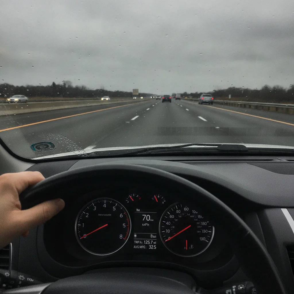 Car interior dashboard view on interstate highway with speedometer reading 70 mph and open road ahead