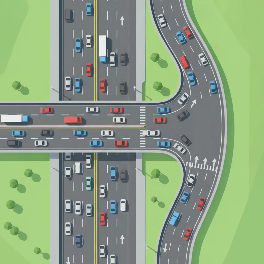 Aerial view of a highway on-ramp with vehicles accelerating to merge into multi-lane interstate traffic