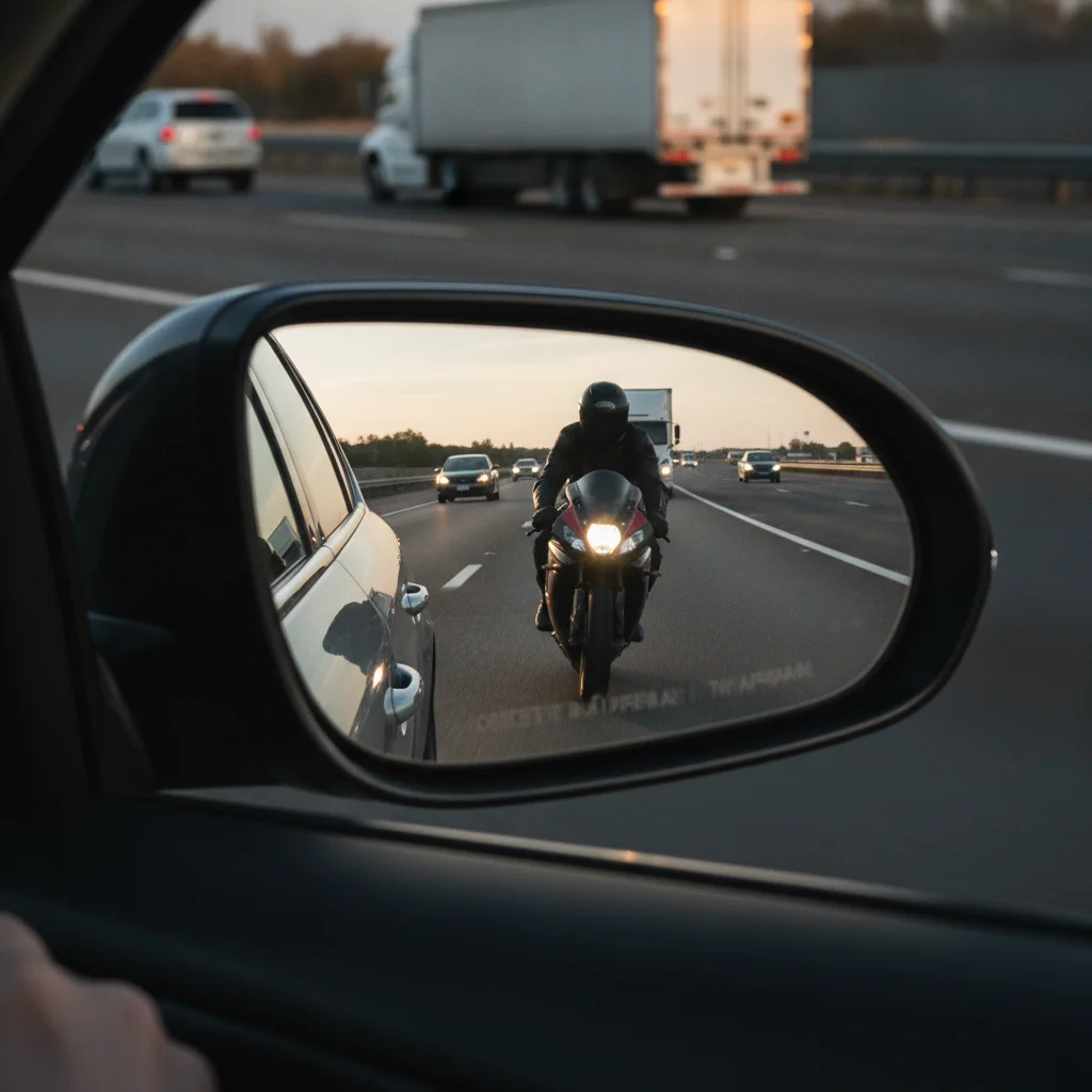 Driver side mirror reflection showing motorcycle positioned in vehicle blind spot on multi-lane highway