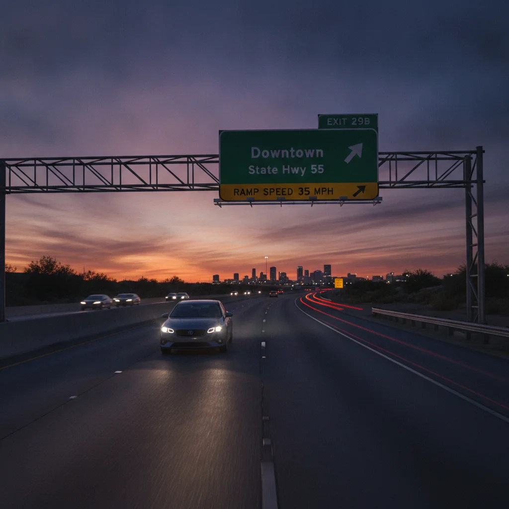 Car approaching a highway exit ramp with green overhead sign visible at dusk, ramp curving to the right