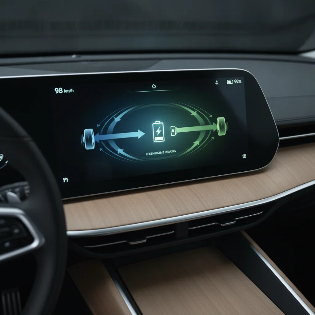 EV dashboard displaying real-time regenerative braking energy recovery flow diagram in blue and green
