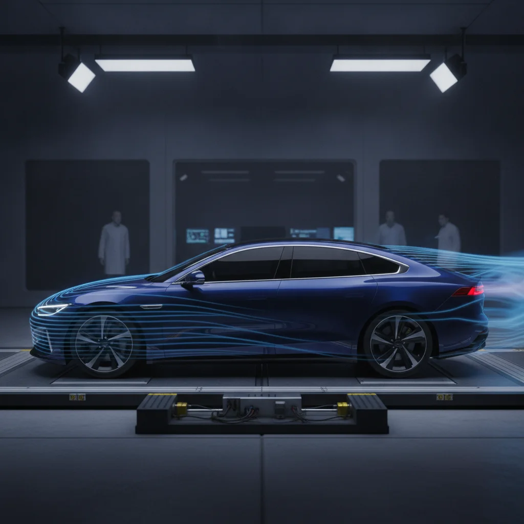 Electric sedan in a wind tunnel with blue airflow lines highlighting streamlined aerodynamic body shape