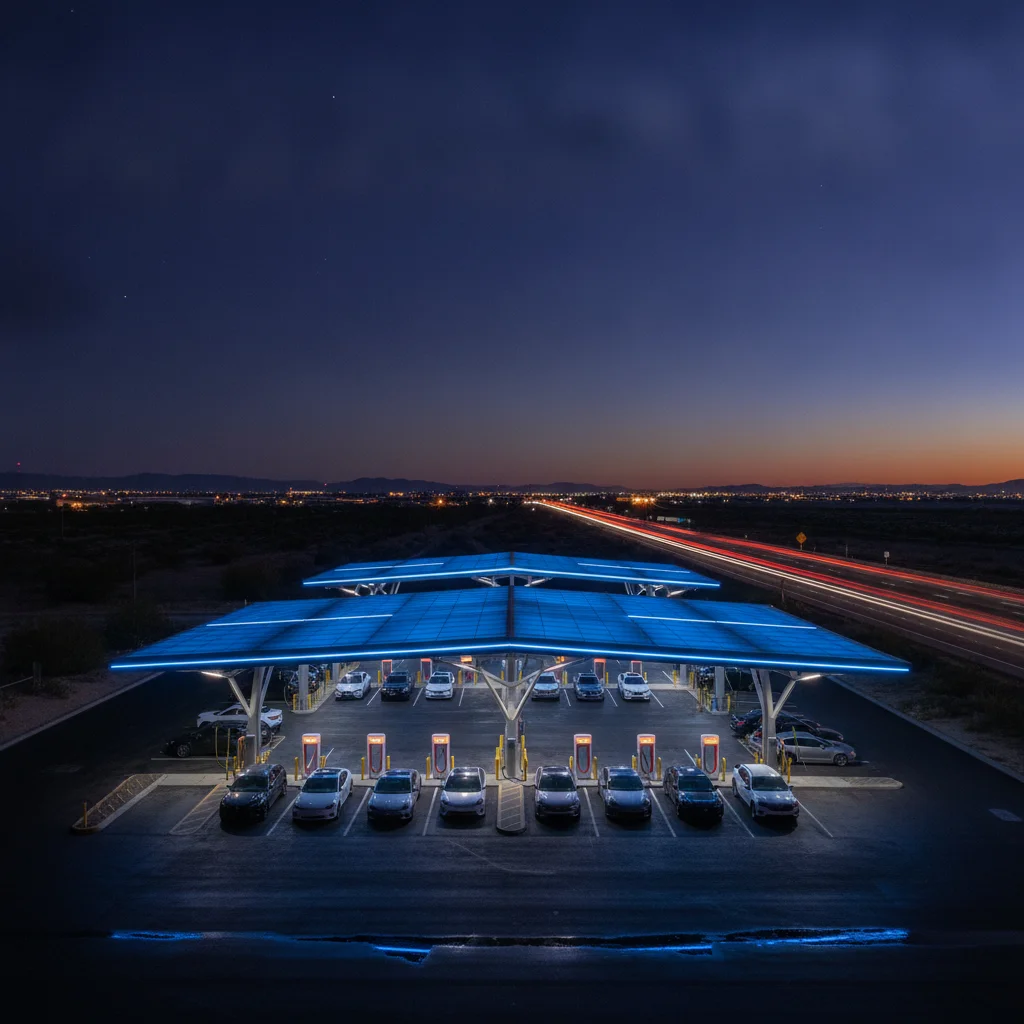 DC fast charging plaza at a highway rest stop at night with several electric vehicles charging under lit canopy