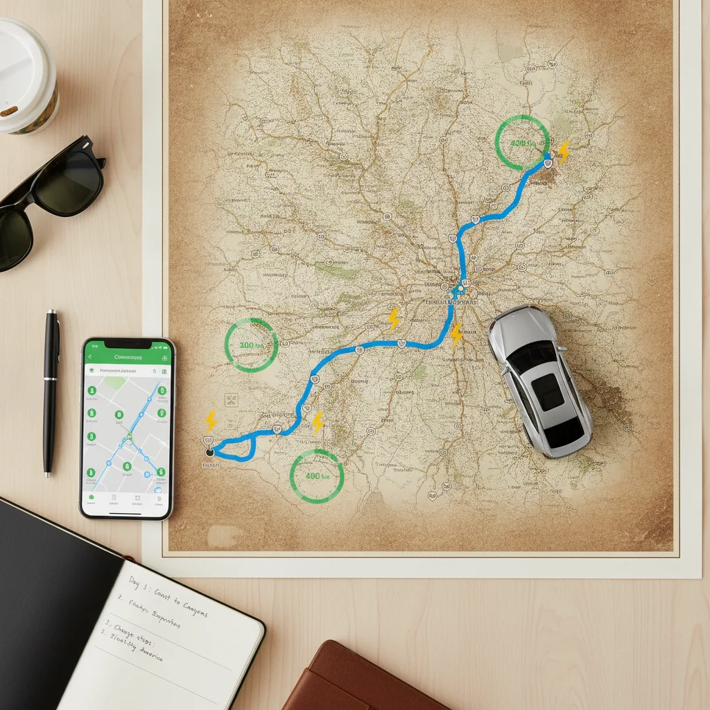 Overhead view of a road trip route map with EV range markers, charging app on smartphone, and a small EV model