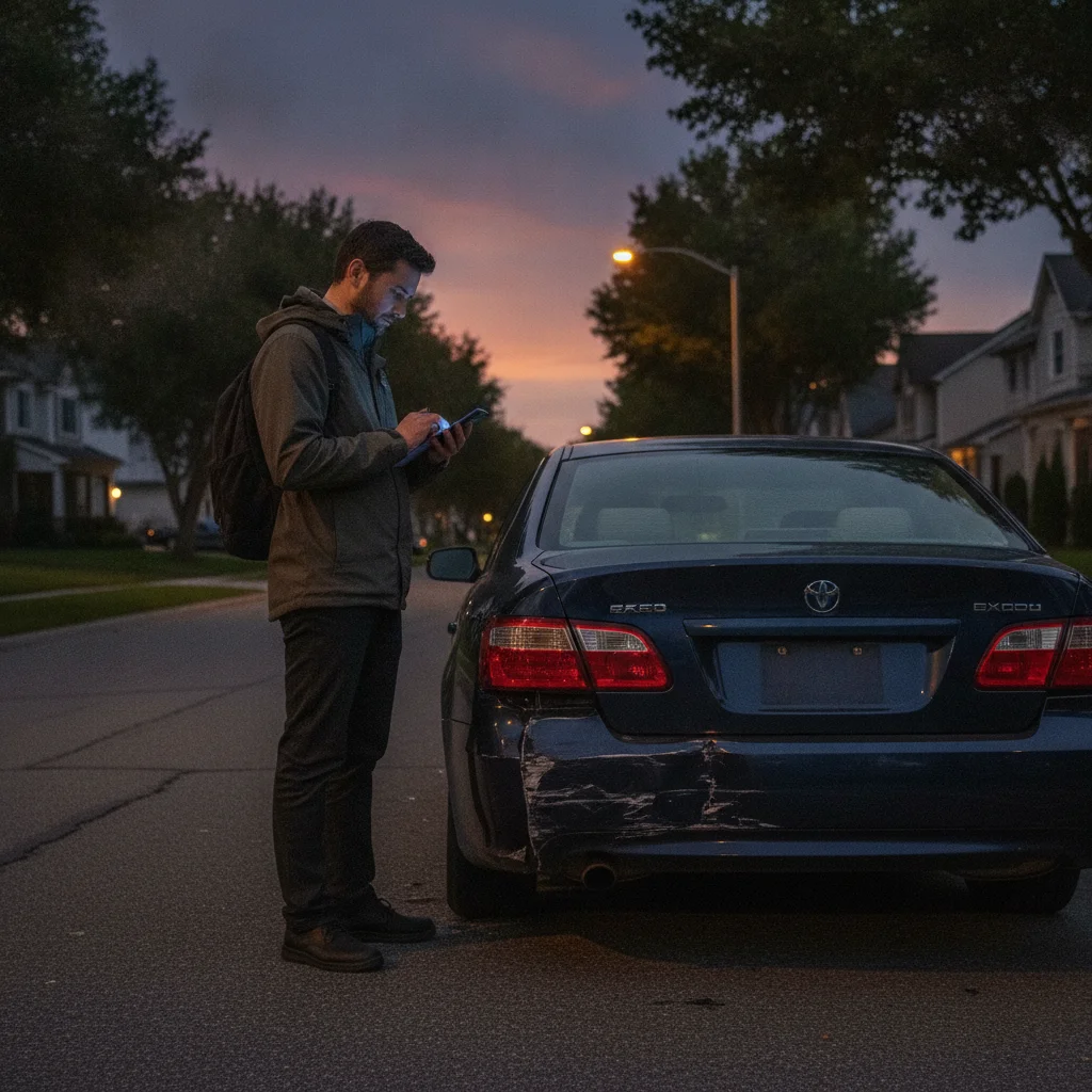 Driver documenting damage to their car after a hit-and-run accident on a suburban street