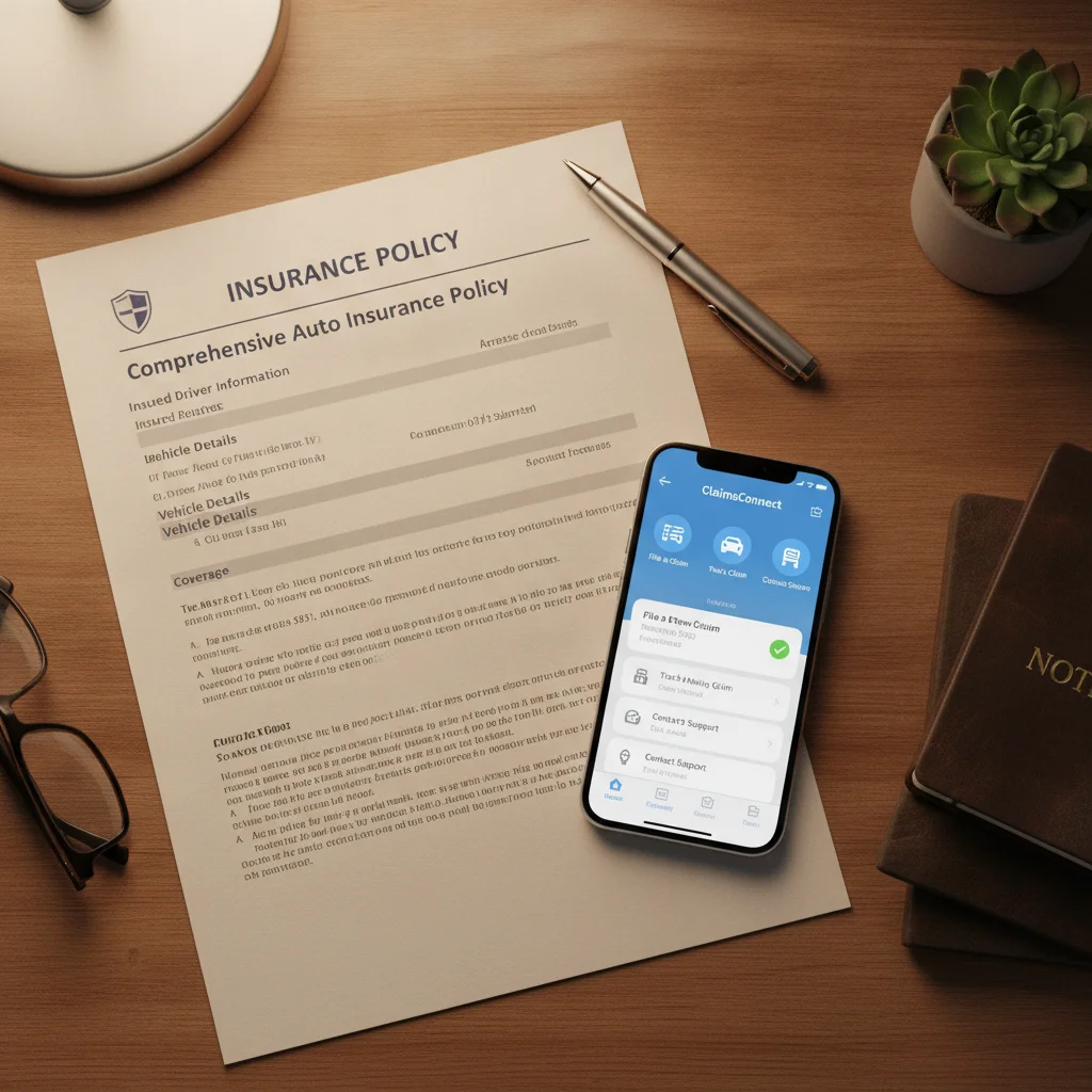 Auto insurance policy document and smartphone with claims app displayed on a desk