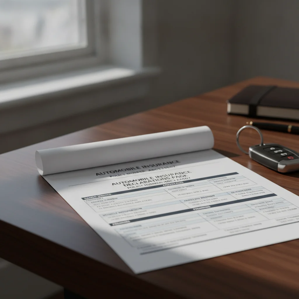 A car insurance declarations page showing coverage types and limits beside a set of keys