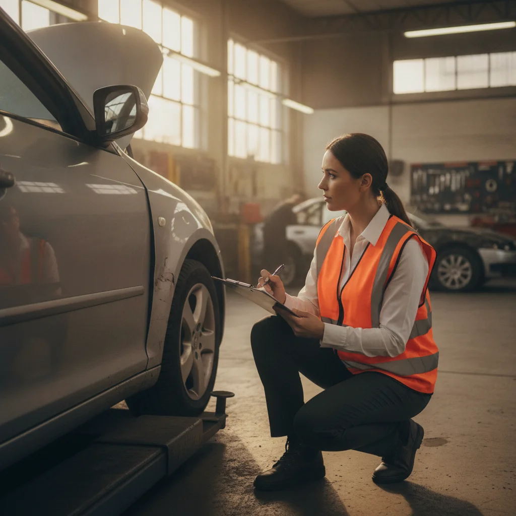 An insurance claims adjuster inspecting vehicle damage on a car inside a repair facility