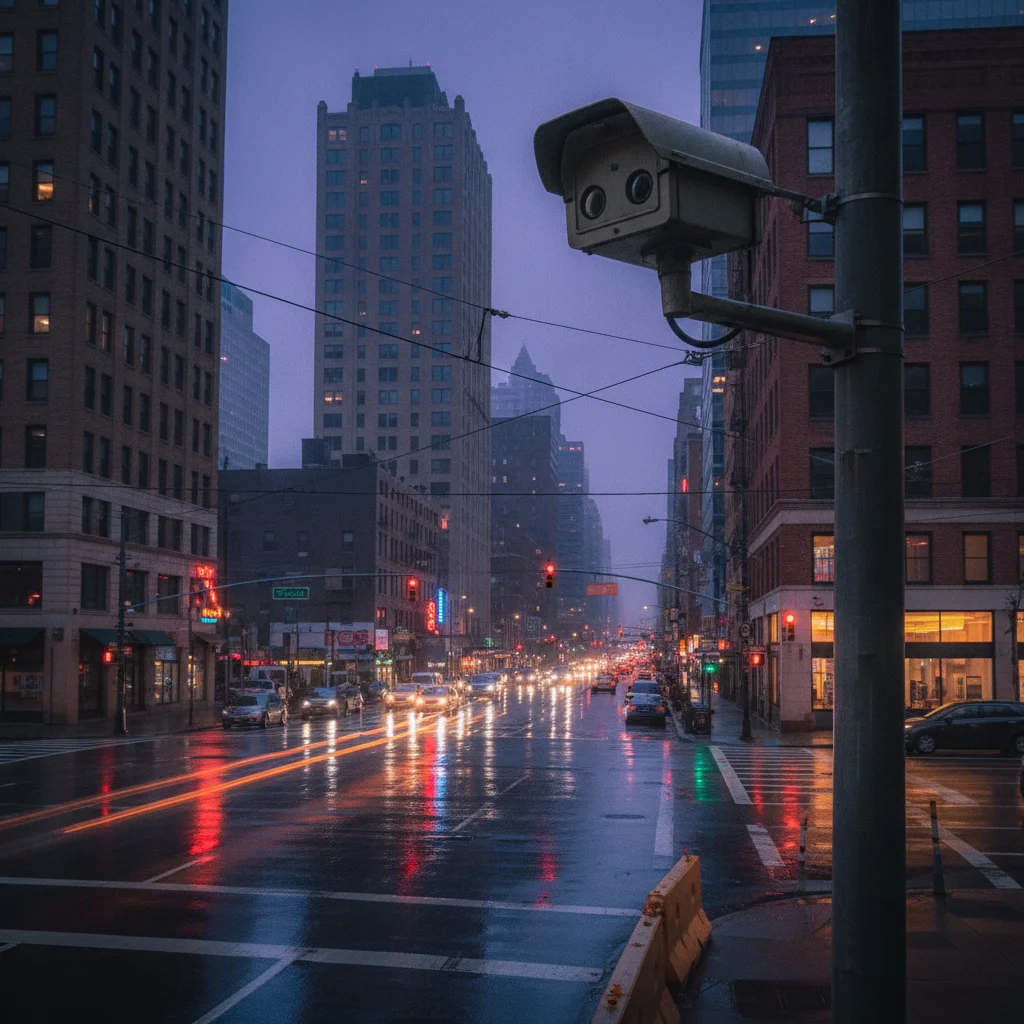 A traffic surveillance camera mounted on a pole overlooking a wet city intersection at dusk