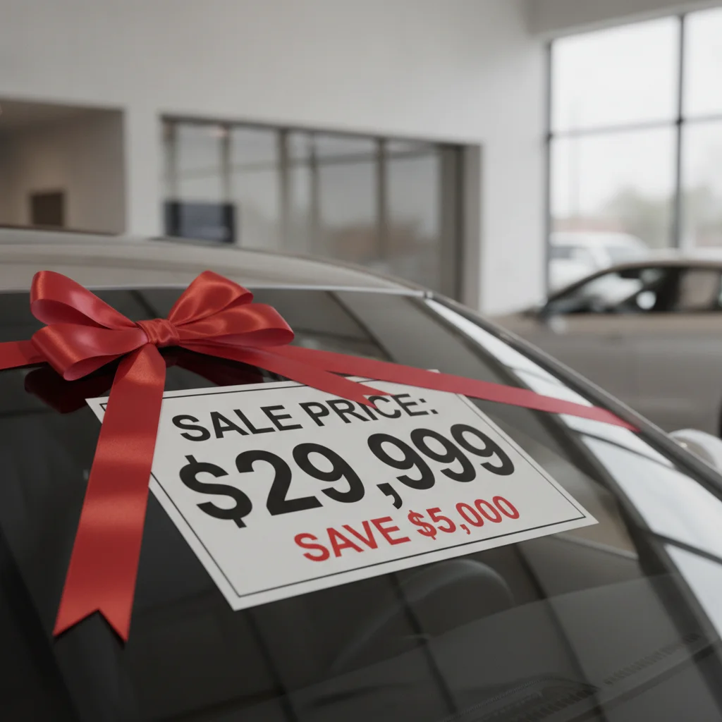 Car windshield with a bold sale price sticker and red holiday ribbon in dealership showroom
