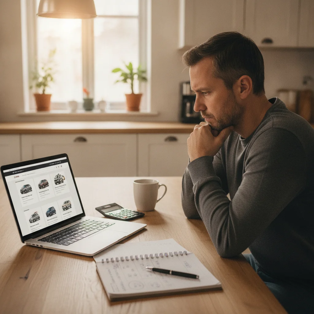 Person researching car manufacturer incentive offers on a laptop with handwritten financial calculations