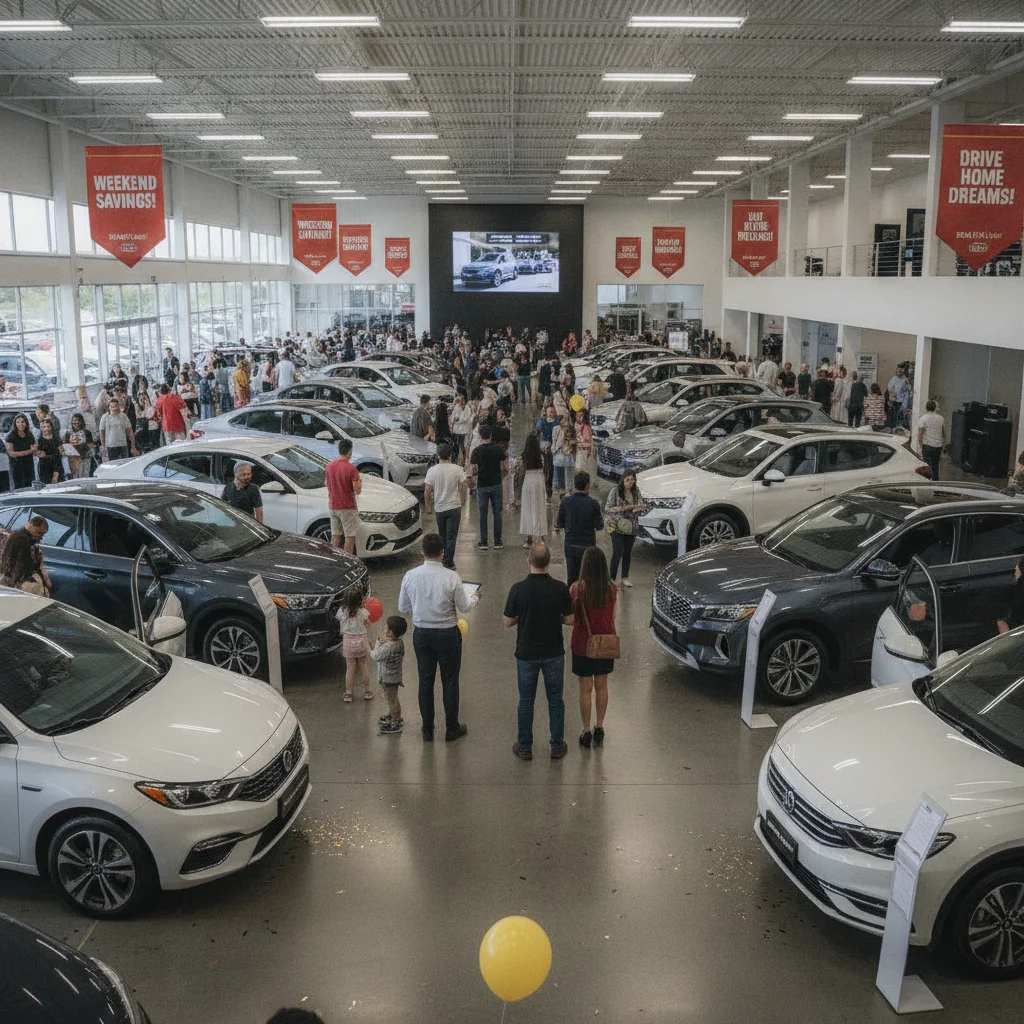 Crowded car dealership showroom with customers and salespeople during a busy holiday weekend event