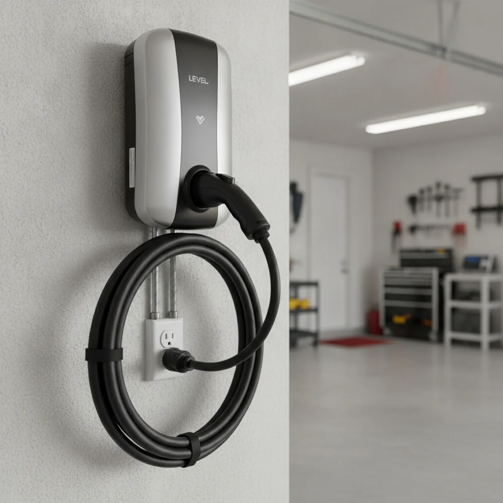 Plug-in Level 2 EV charger connected to a NEMA 14-50 outlet inside a clean residential garage