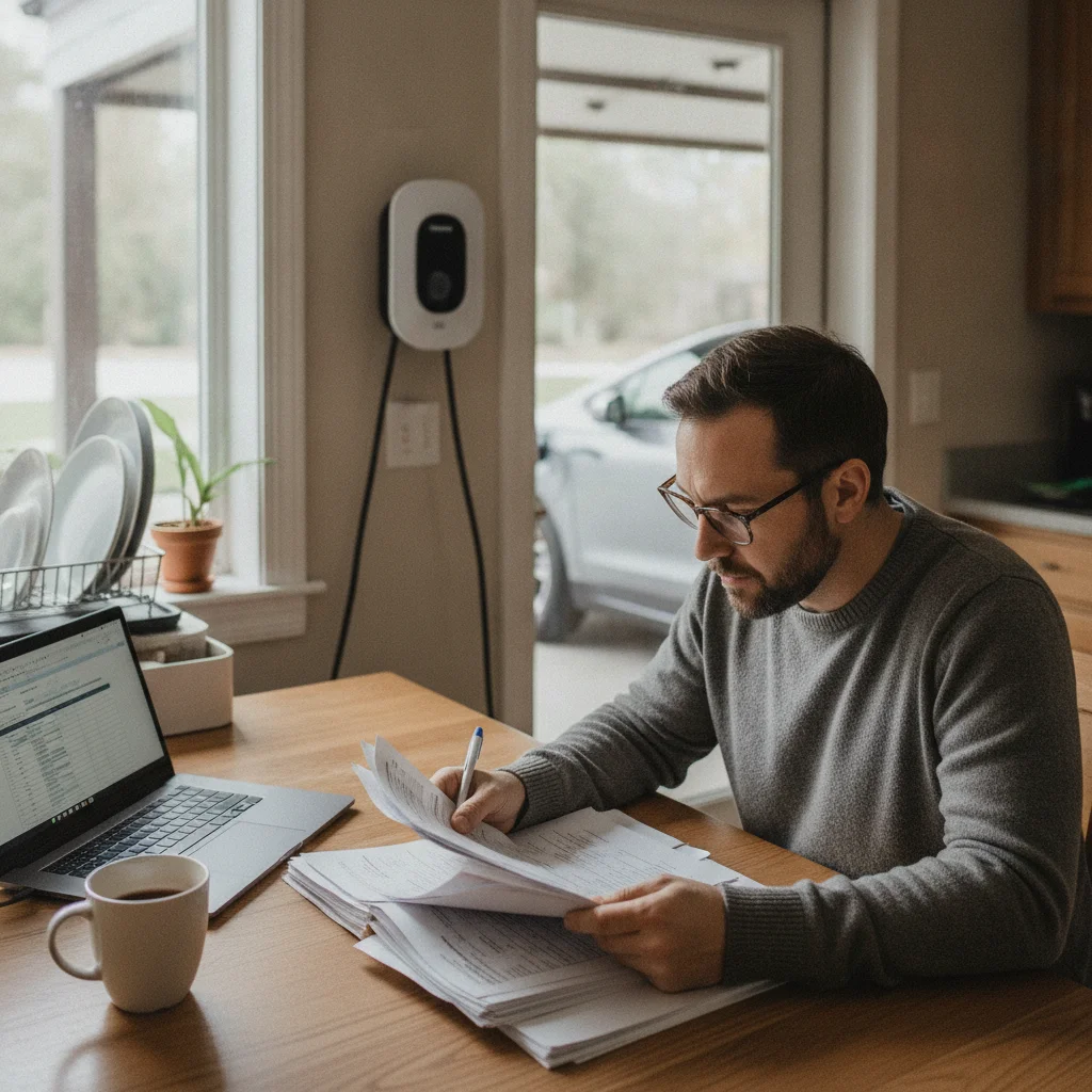 Person reviewing insurance policy documents at a table with an EV charger visible in the background