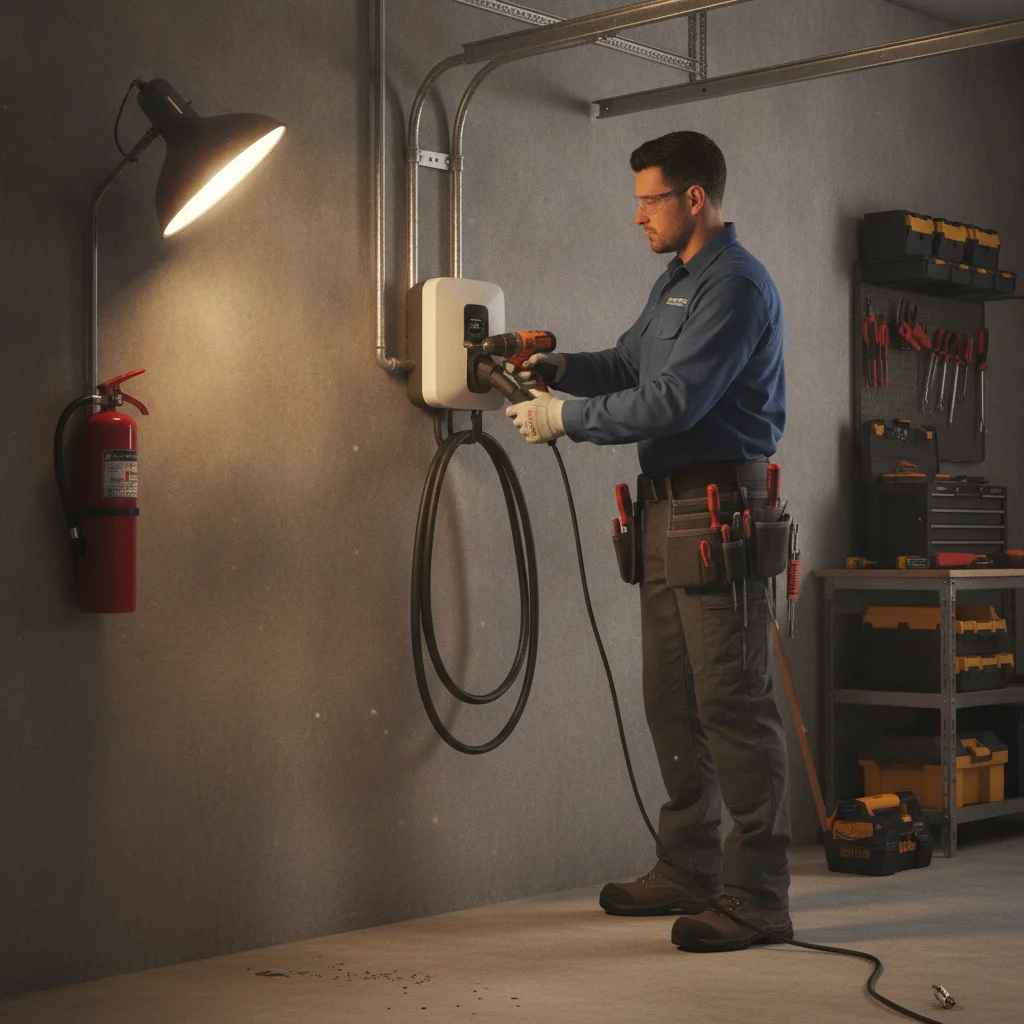 Licensed electrician installing a hardwired Level 2 EV charger on a garage wall with conduit and safety gear