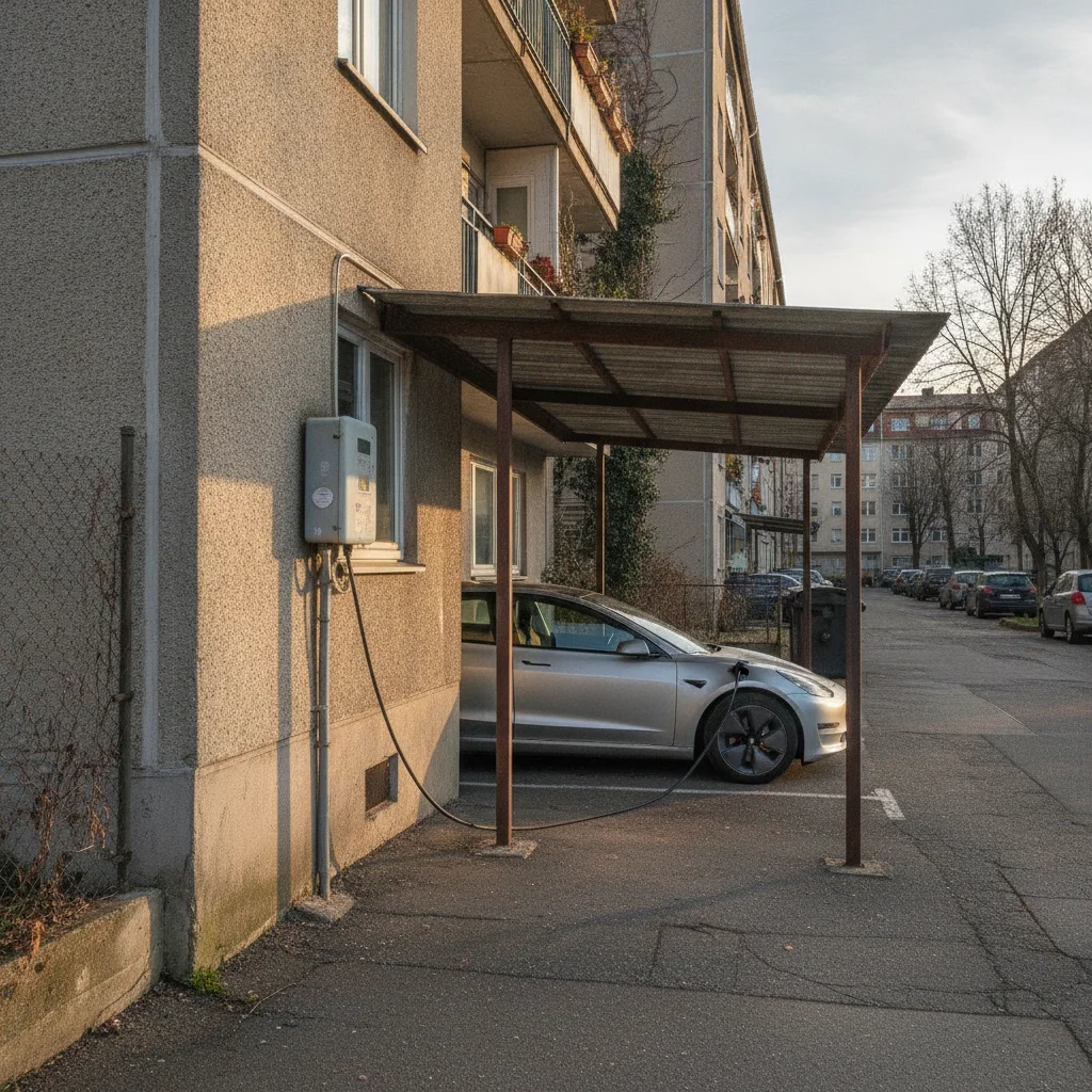 Outdoor Level 2 EV charger mounted on exterior apartment building wall next to a covered parking space