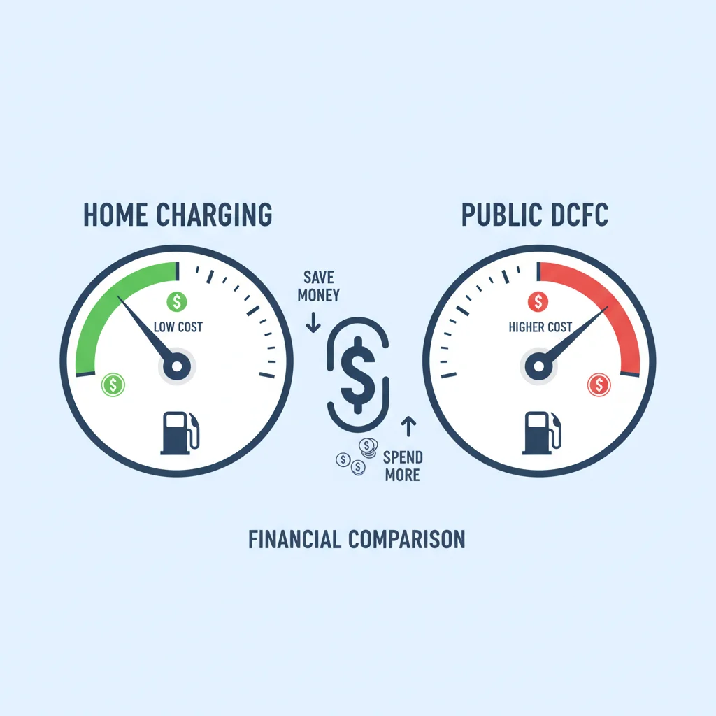 Side-by-side cost gauge illustration comparing home charging and public DCFC per-mile costs