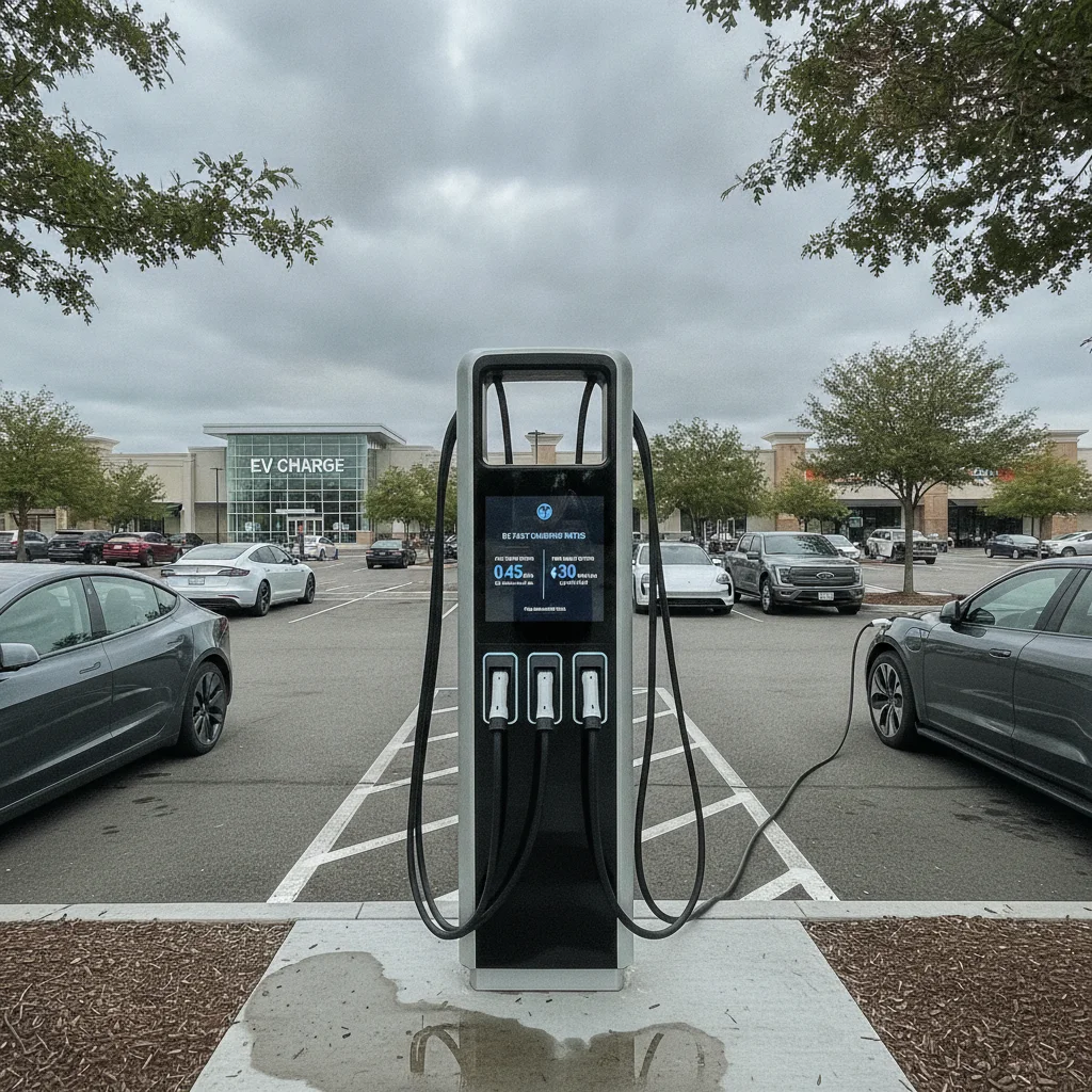 A public DC fast charging station with a pricing display showing per-kWh and per-minute billing options