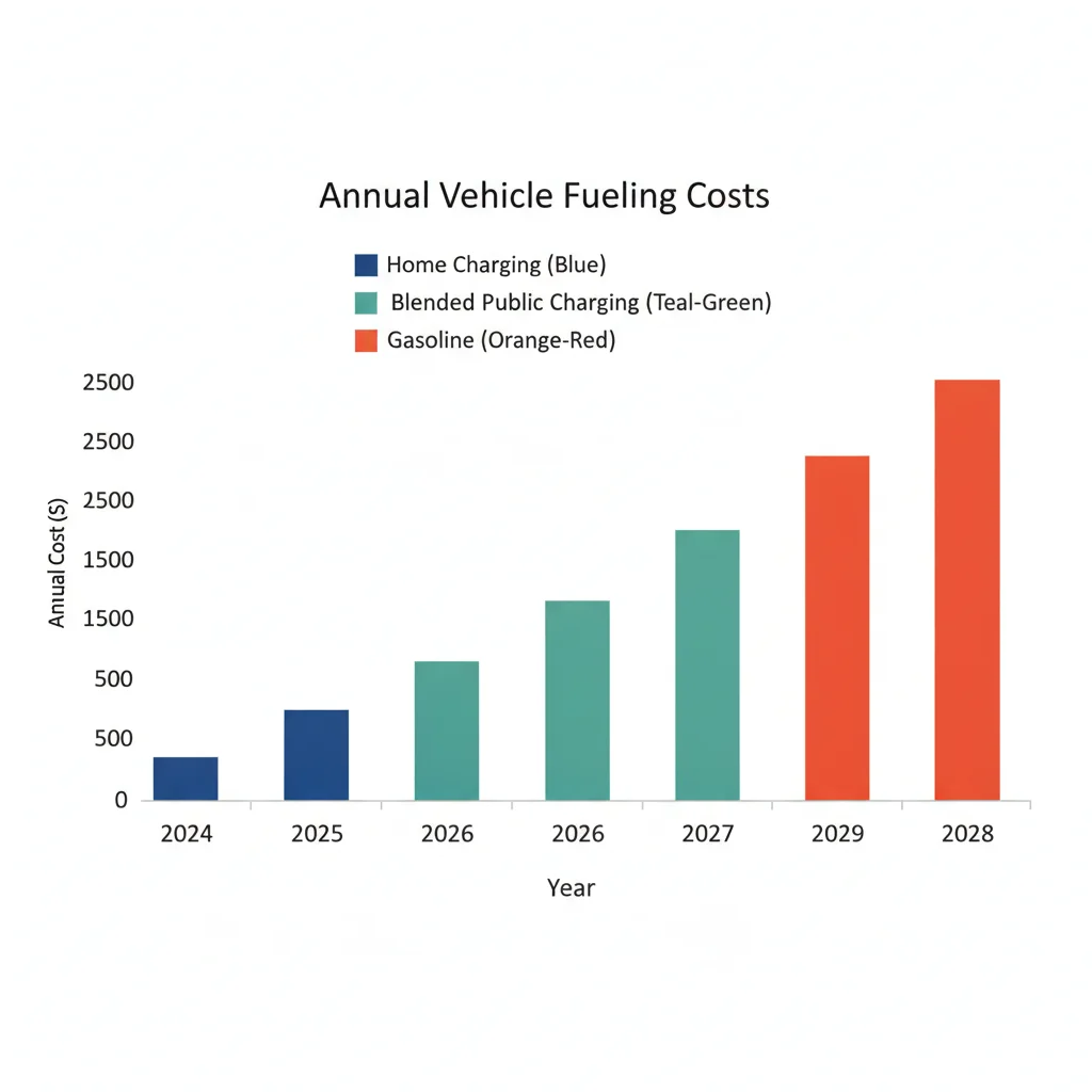 Bar chart comparing five-year charging costs for home charging versus public charging versus gasoline