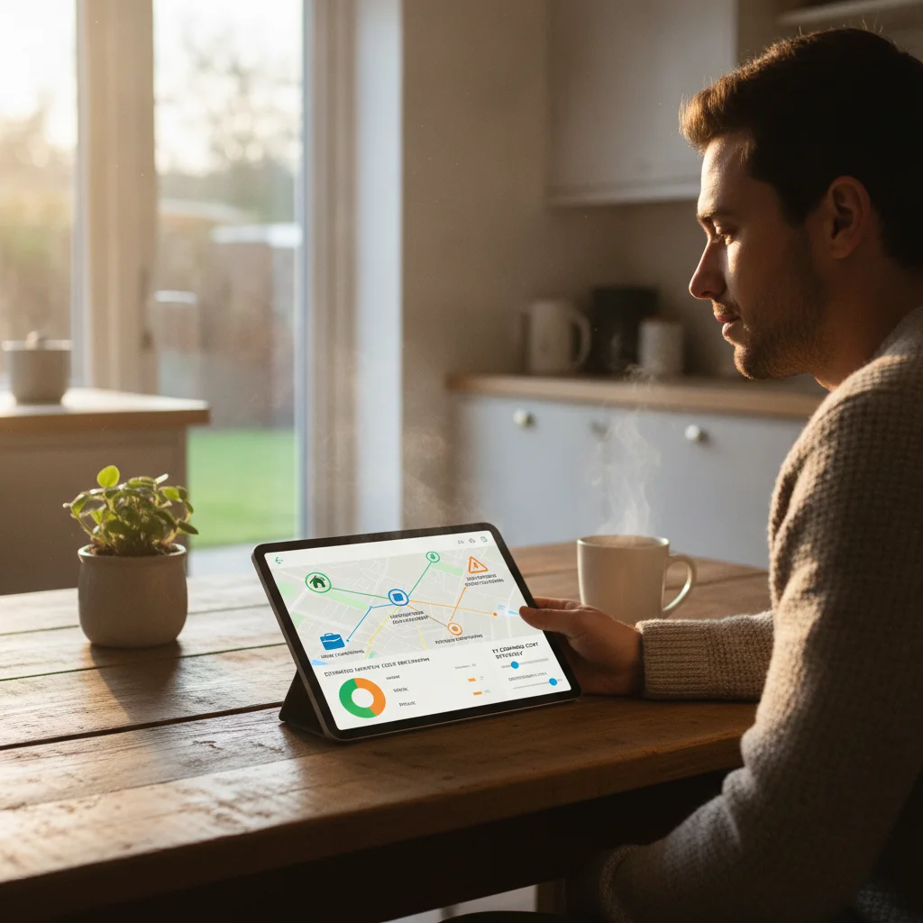 A person reviewing an EV charging cost map on a tablet showing home, work, and public station locations