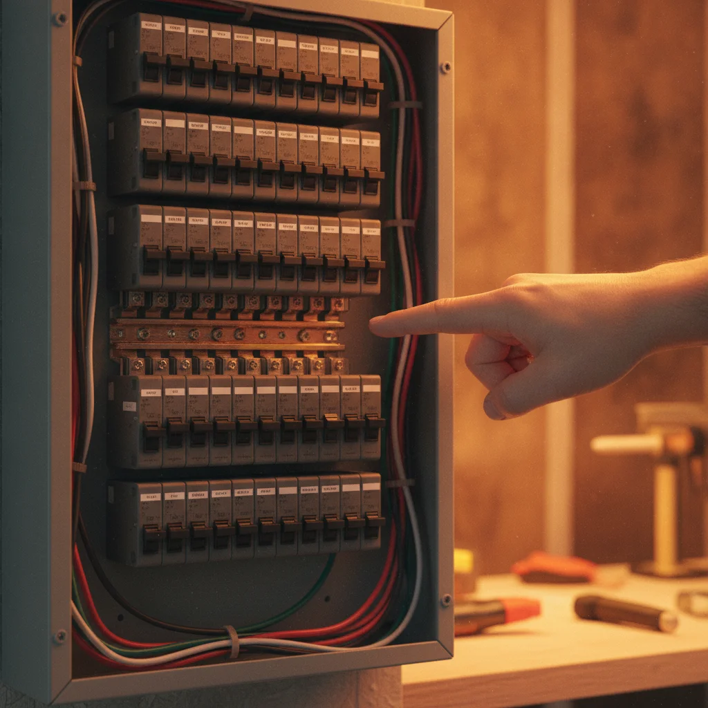 A homeowner inspecting an open breaker slot inside a residential electrical panel in a garage.