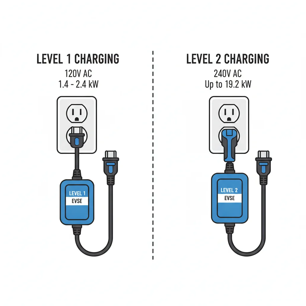 Comparison of Level 1 EV charging via a standard 120V outlet and Level 2 charging via a 240V NEMA 14-50 outlet.