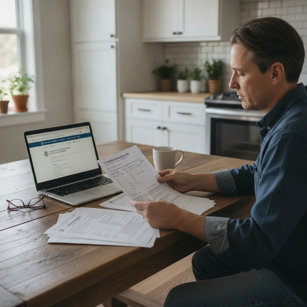 A homeowner reviewing EV charger installation permit paperwork and contractor quotes at a kitchen table.