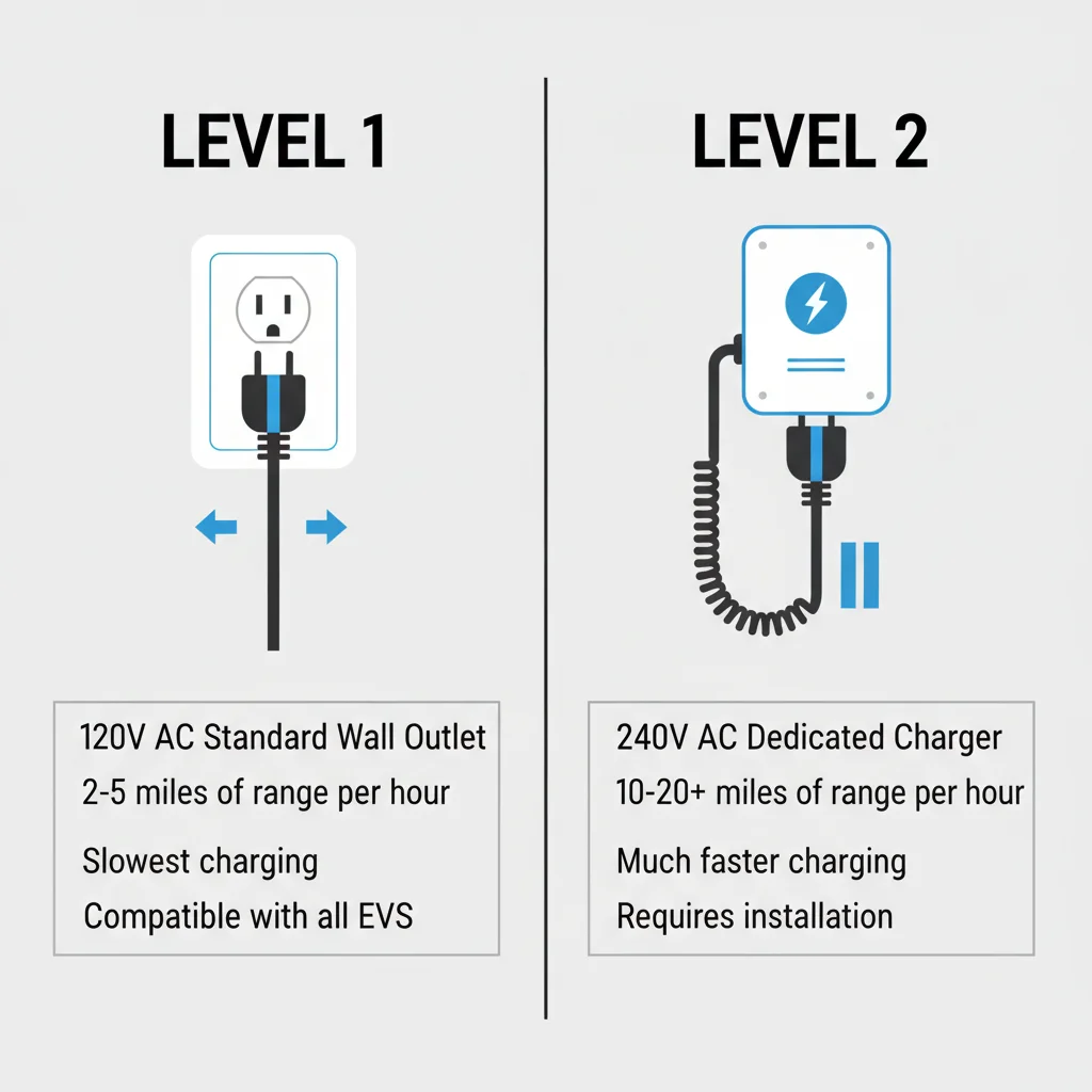 Side-by-side comparison diagram of Level 1 120V outlet and Level 2 240V EV charging unit