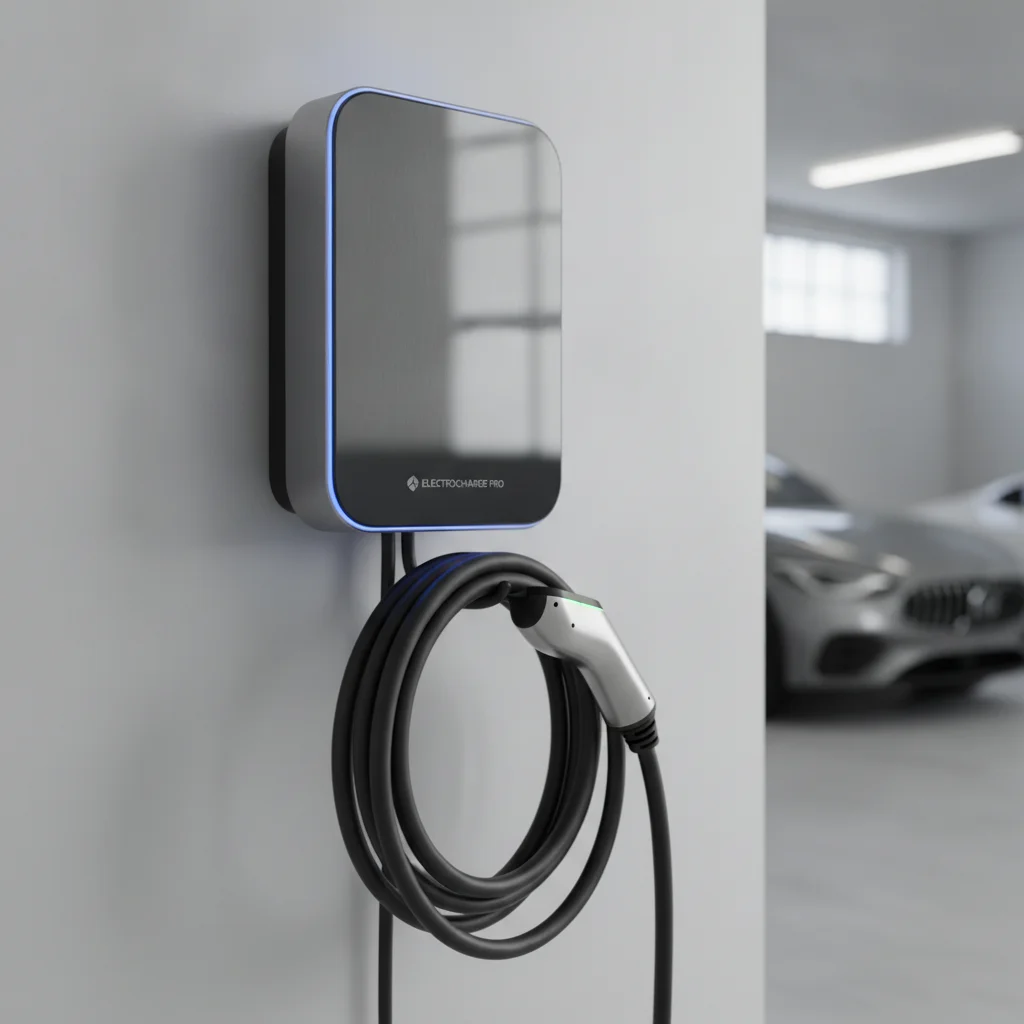 Modern Level 2 EV charger unit mounted on garage wall with coiled charging cable