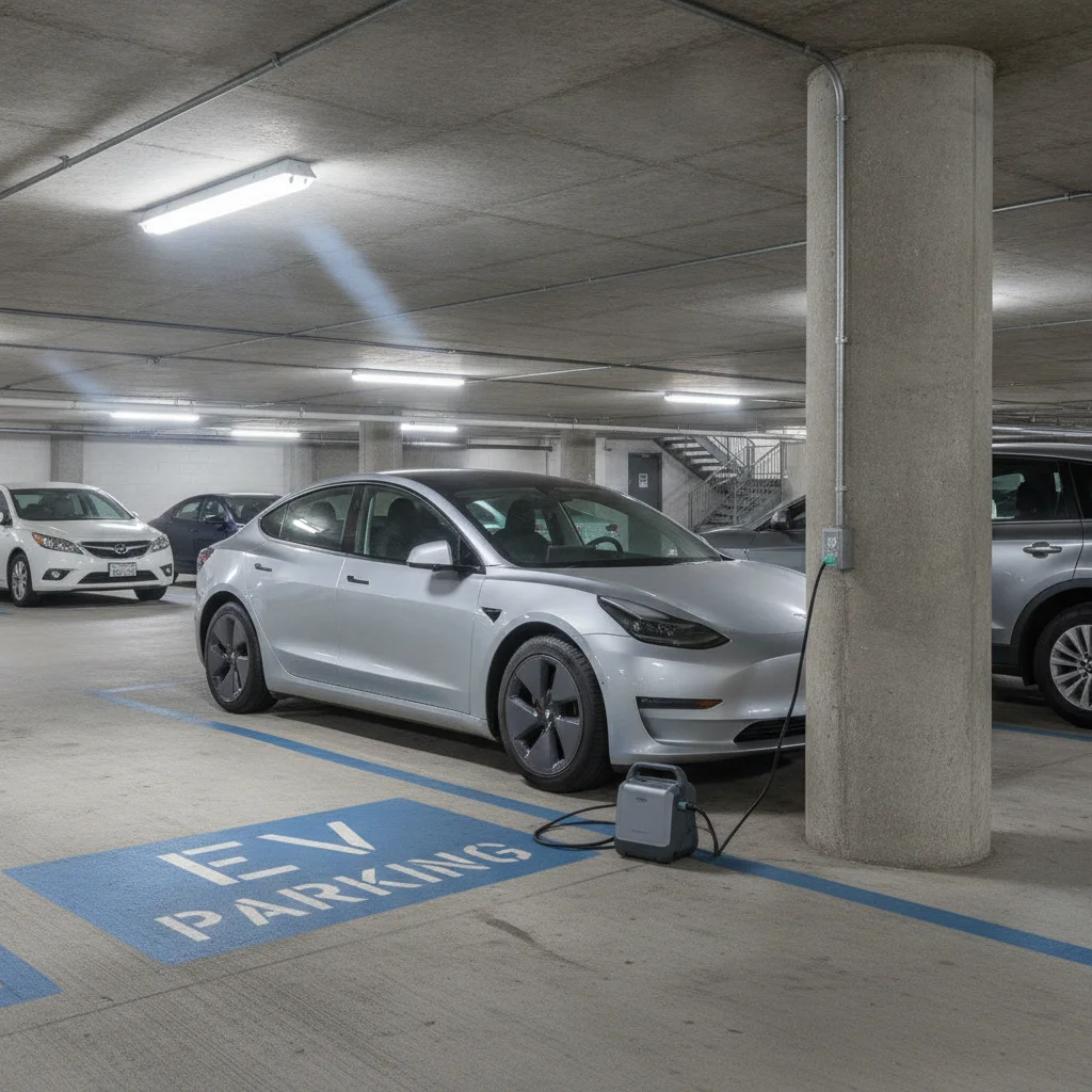 Electric vehicle plugged into a portable charger in an apartment building parking garage