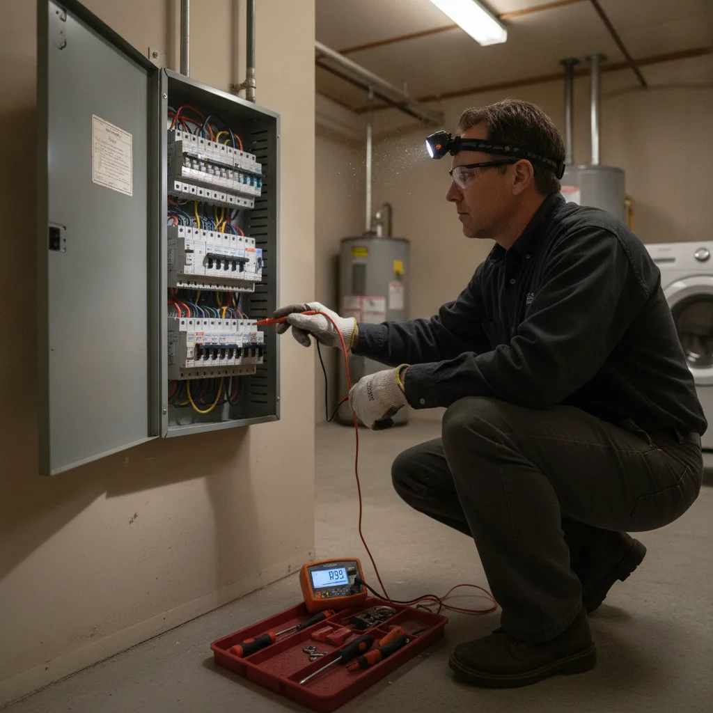 Licensed electrician inspecting residential electrical panel breaker box in utility room