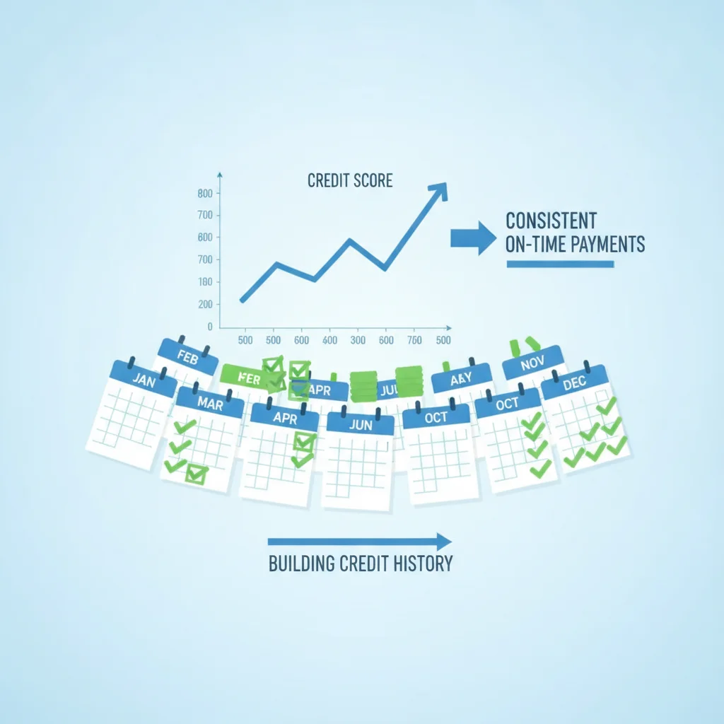 Timeline infographic showing monthly on-time loan payments accumulating and a credit score rising over time