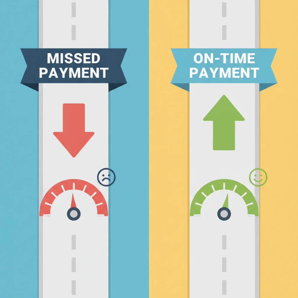 Split illustration comparing the credit score impact of a missed payment versus an on-time payment on an auto loan