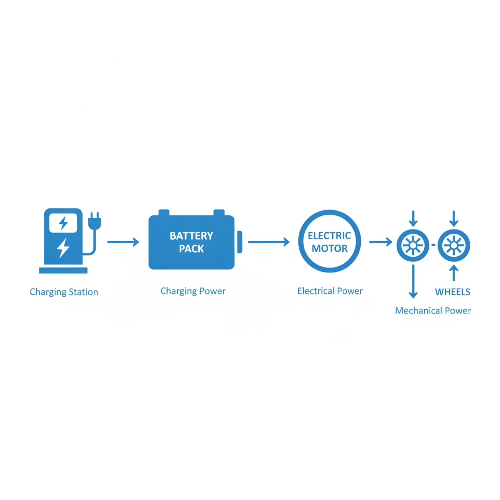 Diagram showing energy flow from charging station through BEV battery pack to electric motor and wheels