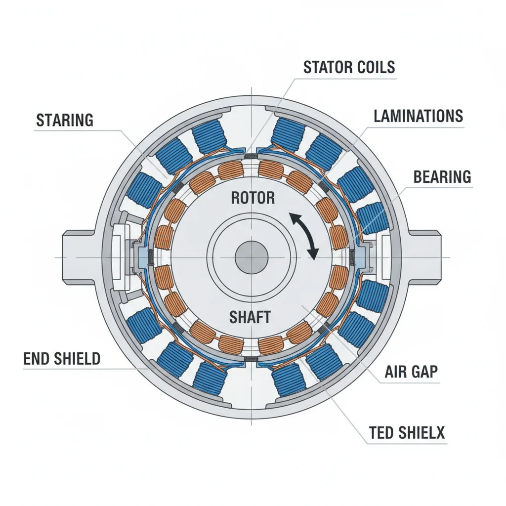 Cross-section cutaway diagram of an electric motor showing stator windings and rotor components